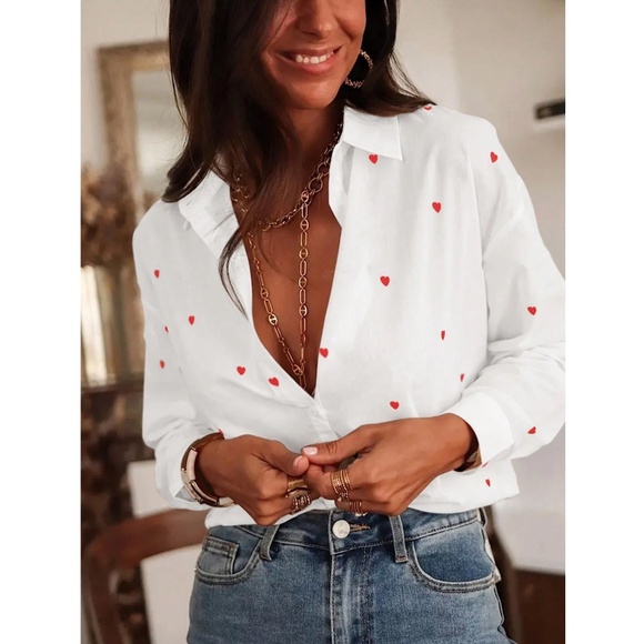 White Casual Shirt Red Hearts Button Down Up Long Sleeve - Picture 2 of 11